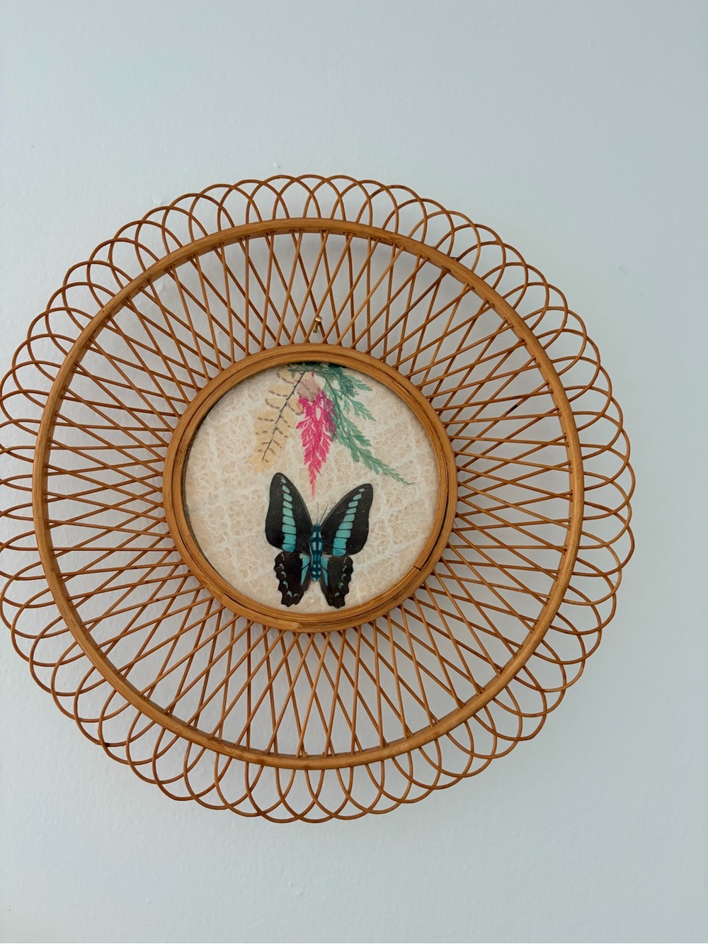 Vintage Rattan Butterfly Wall Art Woven Sunburst Frame 12”